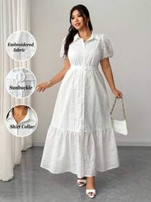 Elenzga Vestido de mujer talla grande elegante con diseño de cuello de camisa bordado en 3D, manga abullonada, y pretina acampanada. Versátil y con estilo, nueva llegada primavera/verano 2025
