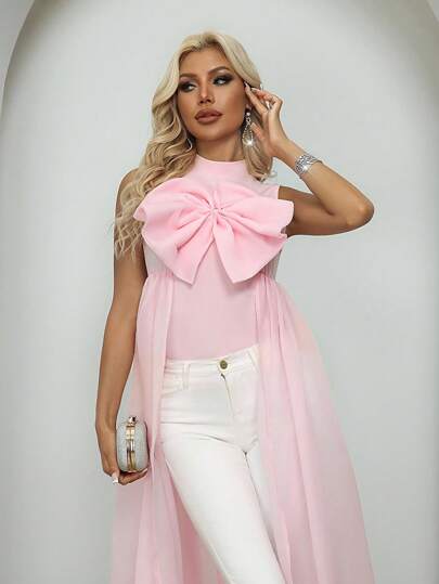 SHEIN LUNE Camiseta de mujer con diseño de volantes en el bajo, estampado de estrella y gran lazo elegante color rosa