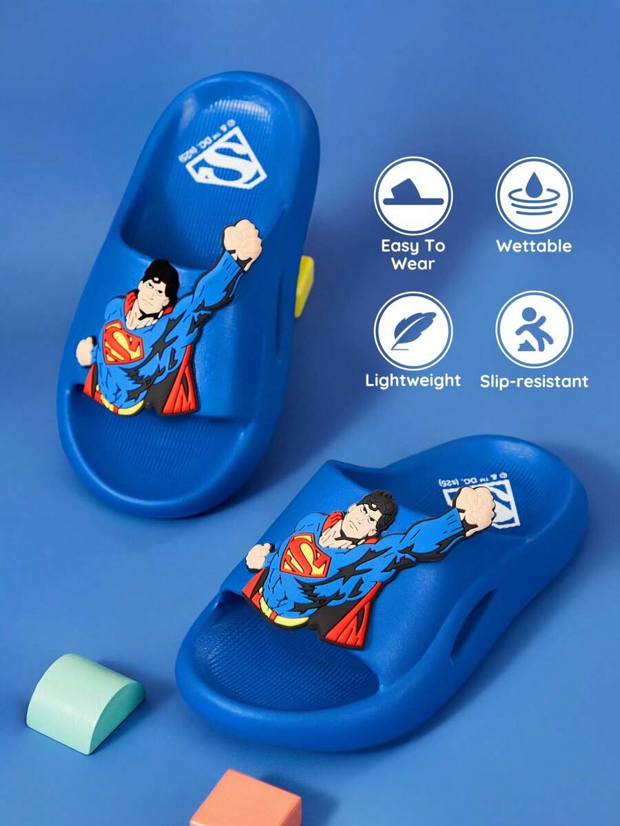 SUPERMAN X SHEIN Boys Blue Cartoon Slippers, EVA Material Lightweight Anti-Slip, Protect Toes, Water-Resistant, Suitable For Indoor, Shower Or Beach Use, For Toddlers & Children - Blue - View 1