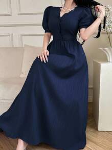 Feyla Women's Elegant Solid Color Puff Sleeve Long Dress