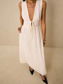 Poéselle Robe à col en V profond sans manches à imprimé pois pour femme - Blanc - Voir 5