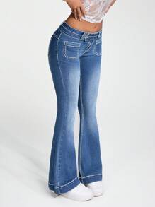 SHEIN ICON Casual Washed High Street Low Waist Jeans - Medium Wash - View 4