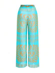 Swim Oasis Elegant Retro Spiral Print One Piece Swimsuit Coordinate With Wide Leg Pants, Chic Vacation Outfit For Women For Summer