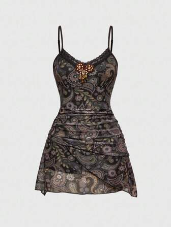 Damen Retro Hippie Vintage geraffeltes Band Spitze Paisley Muster Mini Kleid