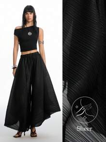 LYSMO Women's Black Solid Color Elastic Waist Pleated Fabric Wide Leg Loose Casual Pants For Vintage Style, BOHO Chic, Beach Vacation Outfits And Streetwear 2025 Fashionable New Arrive - Black - View 3