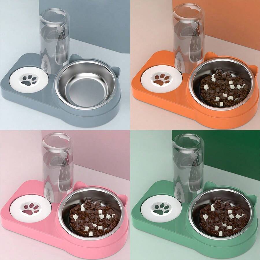 1 件可拆卸可洗倾斜防溢防湿宠物碗，带熊耳设计，大容量双碗带自动饮水器，不锈钢 - 彩色 - 查看 1