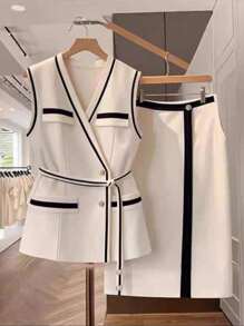 Franclia بدلة صيفية أنيقة للنساء مكونة من سترة ذات لون متباين مع حزام وتنورة، ملابس مناسبة للجامعة - لون مشمشي - مشاهدة 3