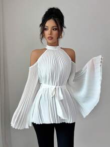 Elenzga Stand Collar Hollow Shoulder Long Sleeve Chiffon Pleated Ruffle Flare Sleeve Cinched Waist A-Line Design Sense Spring & Summer Vacation Versatile French Elegant Vintage Blouse
