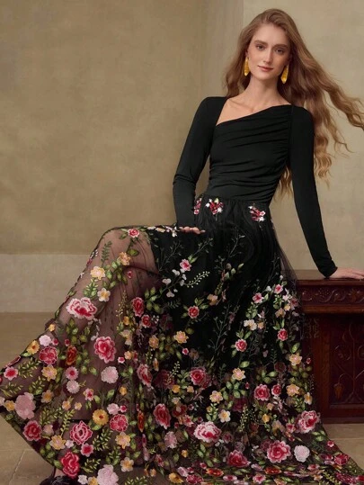 MOTF PREMIUM فستان نسائي برقبة غير متماثلة مزين بالتطريز الزهري على شبكة متباينة