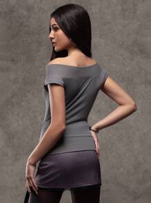 Avenya Women Solid Color Scoop Neck Cap Sleeve Casual T-Shirt, Summer - Grey - View 2