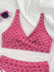 SHEIN 2 件套多色花卉高腰侧比基尼套装，时尚海滩度假女士泳衣 - 玫紅色 - 查看 4