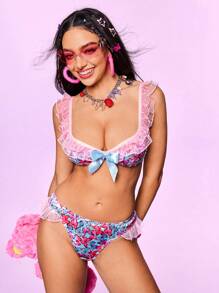 Notgurli Bộ đồ lót ren bướm xếp nếp màu hồng tương phản 2 chiếc dễ thương ngọt ngào cho quý cô, mặc được ban công, tiệc bãi biển, kỳ nghỉ - Màu xanh nhạt - Xem 4