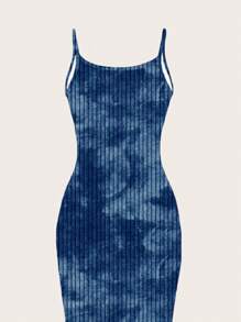SHEIN EZwear 休闲简约街头风格海军蓝扎染印花图案紧身长裙，适合夏季旅行、外出、度假 - 彩色 - 查看 4