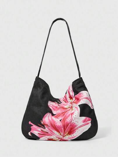 ROMWE Fairycore 1pc Dark Pink Lily Shoulder Tote Bag, Suitable For Camping, Travel, Shopping, Commute And Other Occasions