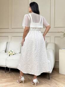 SHEIN Clasi Plus Size White,Summer,Elegant,Silky,Wedding Guest Sheer Front Tie Cardigan & Jacquard Slip Dress Set,Teacher Outfits Back To School Korean Style - Apricot - View 2