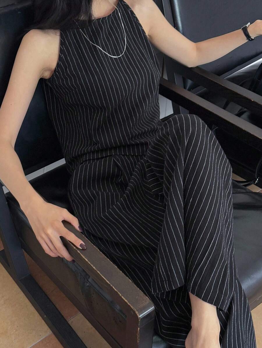 DAZY 女士夏季条纹露背背心和裤子两件套休闲套装 - 黑色 - 查看 1