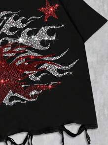 ROMWE MEN Street Life Áo thun nam cổ tròn tay ngắn họa tiết lửa cổ điển đính đá Rhinestone, mùa hè, phong cách thập niên 2000 - màu đen - Xem 4