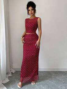 Rafferiza 女式优雅波尔卡圆点网眼印花褶饰下摆吊带背心上衣和裙子两件套