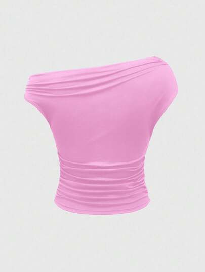 Grunge Punk Y2K Vintage Inspired Slim Fit Cowl Neck Ruched Shoulder T-Shirt For Women