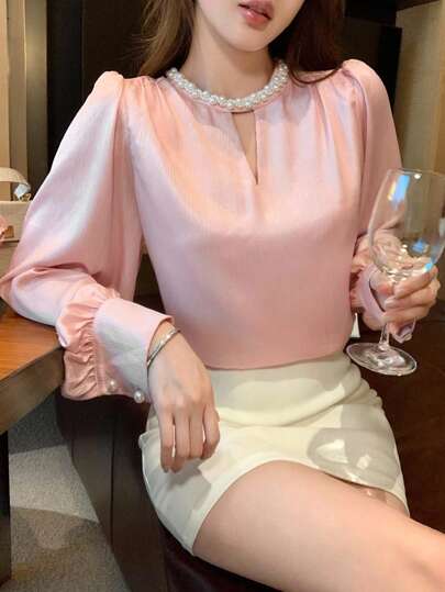 DAZY Chiffon Blouse With Pearl Beaded & Hollow Out Decor, Elegant Style, Suitable For Spring, Summer, Autumn Occasions, School, Party Long Sleeve Top