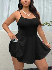 Solflare Plus Size Solid Color Jacquard Sleeveless Rompers Plus Size Summer Set Black Plus Size Swimsuit - Black - View 3