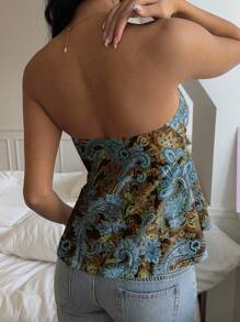 SHEIN EZwear 女士休闲复古紧身娃娃衫，胸部褶皱，抽绳领带，适合夏季，复古，Y2K 风格，佩斯利印花 - 彩色 - 查看 2