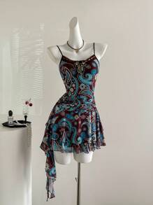 Sweetra Vintage Print Asymmetrical Hem Mini Dress - Coffee Brown - View 5
