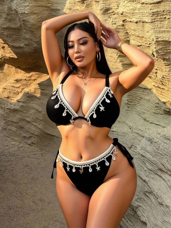 Swim SXY Plus Size Women Spaghetti Strap Bikini Top And Egg Shape Panty Set, Casual Vacation Outfit