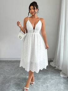 SHEIN Clasi Plus Size Solid Color Hollow Embroidery Summer Sleeveless Textured Embroidery Dress - White - View 5