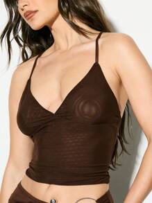 KIZN Plunge Mesh Cami Crop Top With Cross Back Shell Detail - Brown - View 3