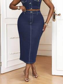 SHEIN Lady Plus Size Women's High Waist Fitted Casual Versatile Denim Skirt Classy Outfits For Women  Business Casual Woman Business Casual Woman Work Clothes Women Office Outfits For Women Festival Outfits For Women