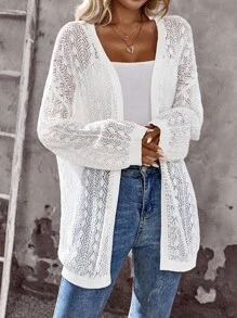 EMERY ROSE 女士纯色镂空透明休闲长袖开衫 - 白色 - 查看 3