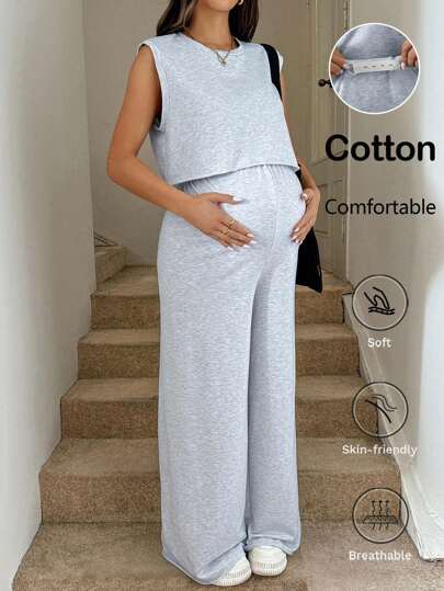 SHEIN 2 件孕妇套装：纯色圆领吊带背心和可调节腰围裤子
