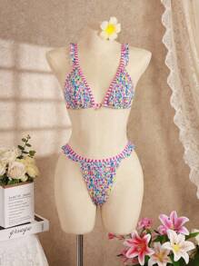 Swim Vcay Baju Renang Wanita Motif Bunga Putih Musim Panas yang Lucu untuk Pesta Kolam Renang, Liburan Pantai, Bikini Segitiga dengan Hiasan Rumbai Warna Kontras dan Tali Bahu yang Dapat Diatur, Liontin - MultiWarna - View 4