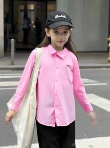 女童长袖衬衫，舒适合身可爱日常衬衫，带刺绣蝴蝶，姐妹套装 - 粉色 - 查看 3