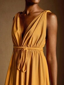 Écloséra 女式深V领休闲沙滩度假黄色连衣裙