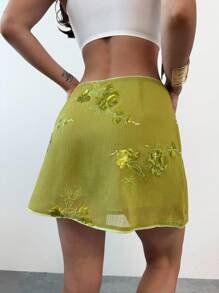 Firerie Women's Elegant Floral Embroidery Decorated Casual Sequin Mini Skirt, Suitable For Summer Vacation/Beach/Holiday, Green Color - Green - View 2