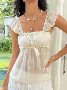 Rafferiza Women Summer Casual Solid Color Ruffle Bow Decor Blouse - Apricot - View 6