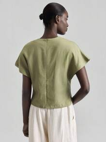 Ontre 2025 Herbst Neuankömmling Rundhals-Top, Urlaubsstil salbeigrüne Rundhals-Bluse mit Puffärmeln und geraffter Taille aus Leinen, vielseitig für Sommer/Herbst Alltag, Pendeln, Business Lässig, Büro, Schule für Frauen