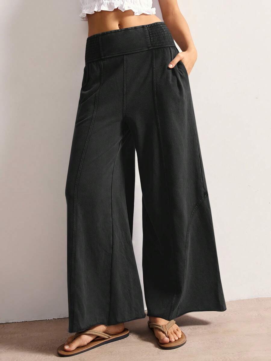 Bohemela 休闲纯色针织宽松阔腿水洗女裤 - 黑色 - 查看 1