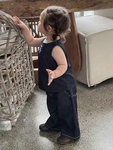 DAZY 女婴圆领无袖字母印花休闲牛仔背心和裤子套装，夏季幼儿女童服装 - 藍色 - 查看 3