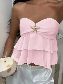 MainGRL Summer Casual Vacation Ruched Chest Metal Ornament Decor Tube Top