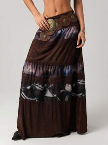 SHEIN ICON Women's Tie-Dye Print Ruffle Hem Low Waist Patchwork Boho Skirt - Multicolor - View 4