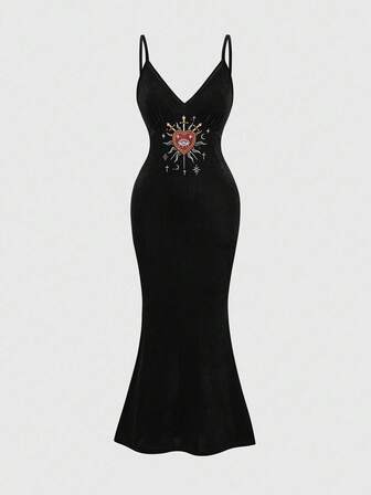 Robe en velours vintage avec motif brodé d'œil et de cœur gothique mystérieux, pour Halloween