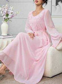 Yasmyna V-Neck Embroidered Floral Beads Ruffle Sleeve Swing Arabic Style Dress, Spring/Summer Pearl Kaftan Kaftan Dress - Pink - View 8
