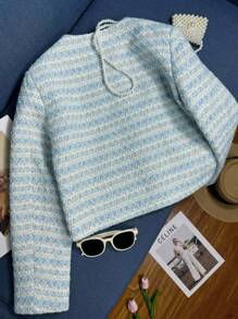 INAWLY Women's Elegant Commuting Daily Button-Up Cropped Jacket Fall Winter Cloth For Women - Blue - View 2