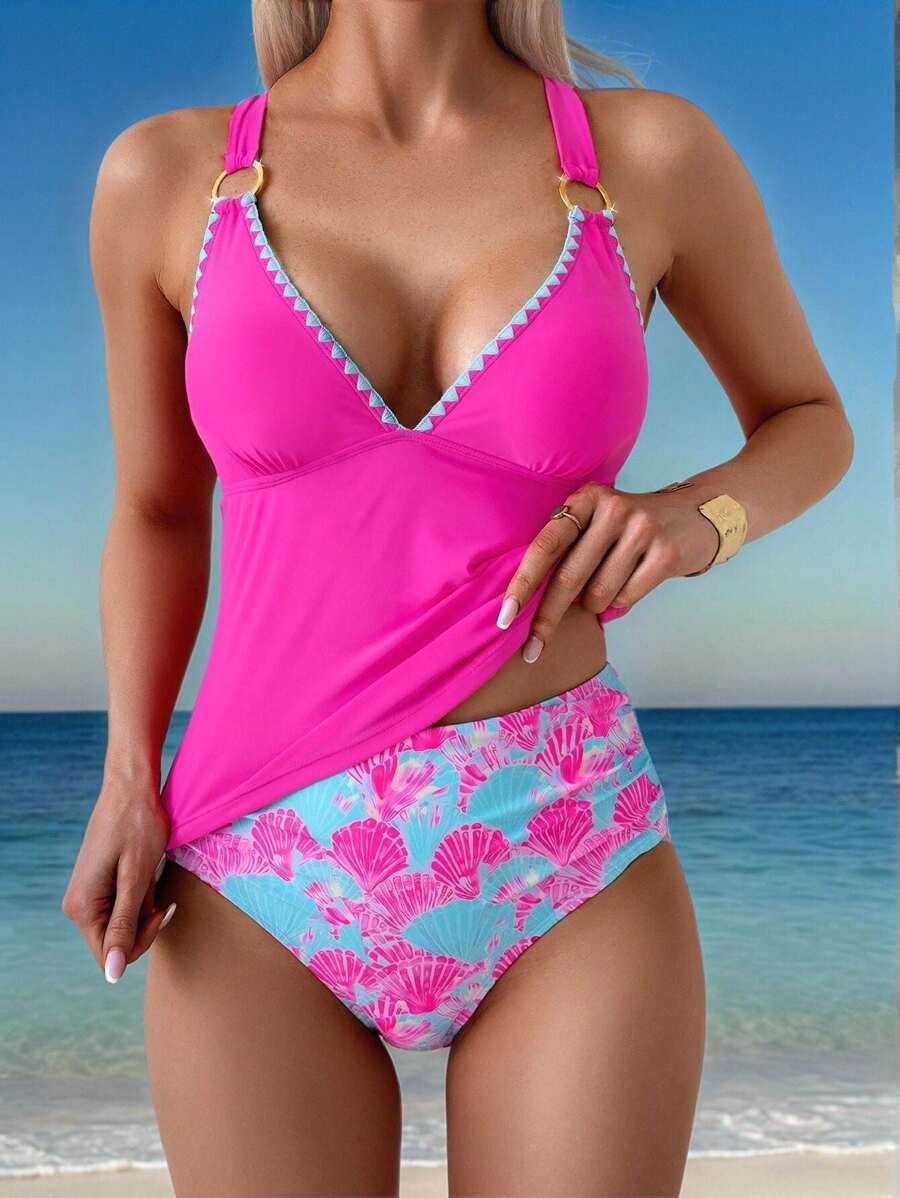 Swim Lushoire Conjunto de Maiô Bikini Tanquíni de Cintura Alta com Alça Grossa Cruzada, Babados e Estampa de Concha, em Rosa Fúcsia, Roupa de Praia de Verão - Pink - Visão 1