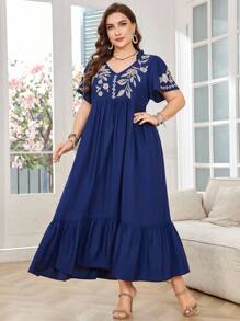 Lacomfia Damen Große Größen Plissee V-Ausschnitt Kurzarm locker sitzende große Größen Kleid mit floraler Stickerei und gerüschtem Saum, bequem für den Alltag, arabisches Maxikleid