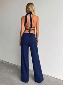 Aloruh Damen Sommer Sexy minimalistisches Outfit mit tief ausgeschnittenem Rückenfreiem Träger Top und gerader Hose 2 Stücke Set