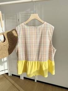 SHEIN EZwear Camisa sin mangas a cuadros de dos tonos amarillo mantequilla en talla grande para verano al aire libre